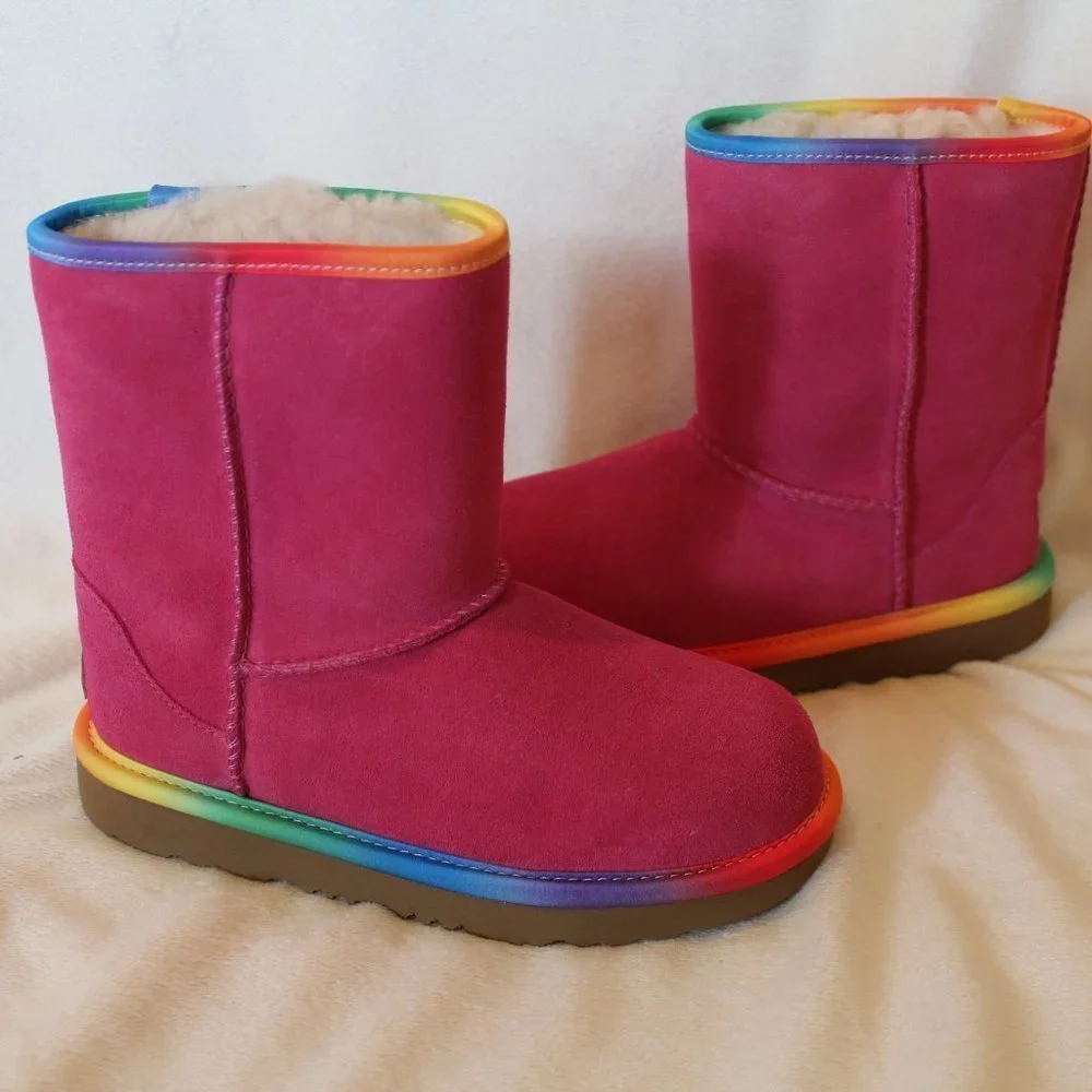 NIB UGG GIRL'S RAINBOW SUEDE SHEARLING BOOTS FUSCHIA PINK PURPLE‎
